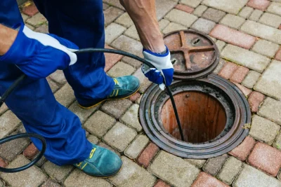 Plumber cleaning an outdoor sewer drain in Thornton