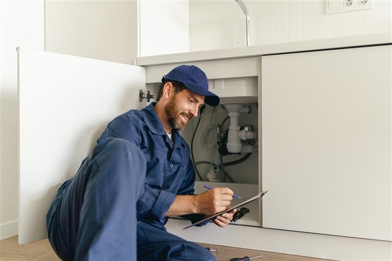 Residential plumber reviewing plumbing repairs in a Thornton kitchen