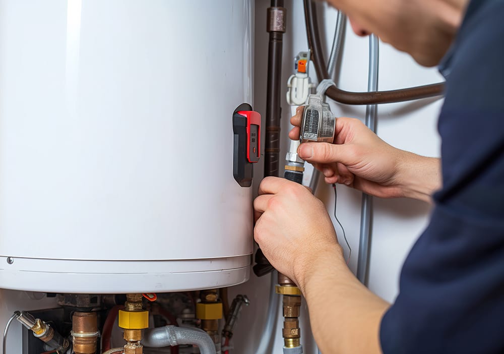 Technician repairing pipes connected to a water heater in Thornton